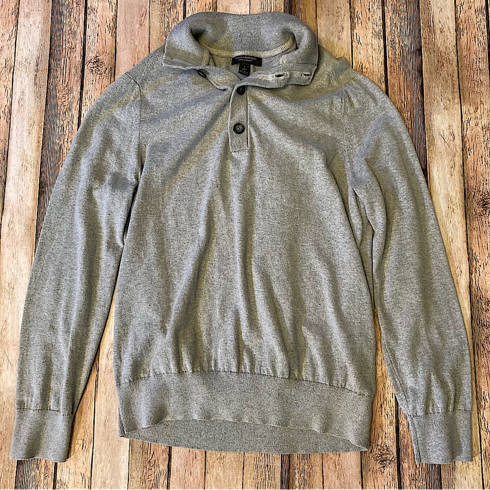 EUC Banana Republic Sweater Mens Large Cotton Cashmere 1/4 Button Pullover Gray